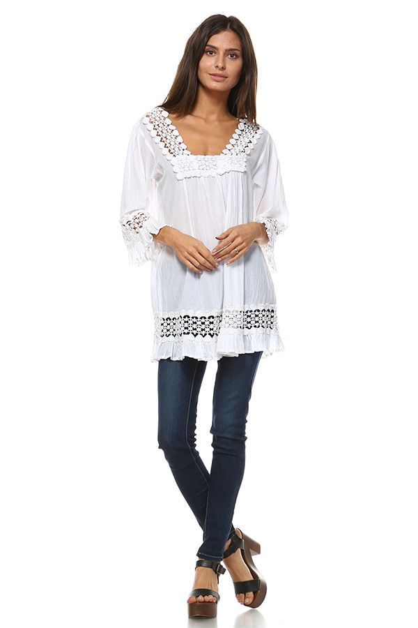 100% Cotton Lace Tunic Top - Ivory